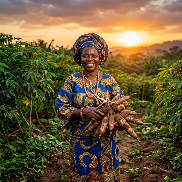 Nigerian farmer holding fresh cassava
