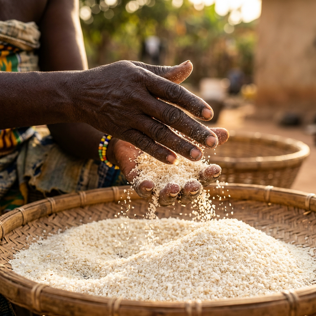 Hands sifting pure white artisanal garri